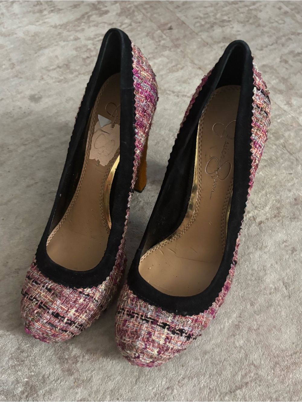Jessica Simpson Pink Tweed Pumps with Black Trim